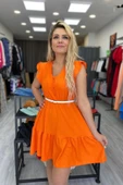 V yaka Eteği Katlı Mini Elbise thumbnail 4