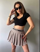 Kareli Pile Ve Kemerli Mini Etek thumbnail 10