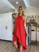 Boyundan Geçmeli Asimetrik Viscon Elbise thumbnail 9