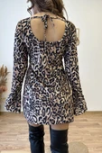 Leopar Desenli Kadife Mini Elbise thumbnail 6