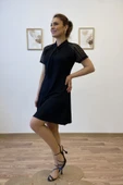 Yaka Fularlı Tül Kol Mini Elbise thumbnail 6