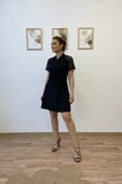 Yaka Fularlı Tül Kol Mini Elbise thumbnail 2