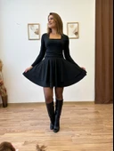 Kare Yaka Drapeli Mini Elbise thumbnail 7