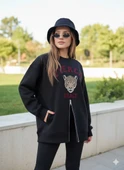Fermuarlı Leopar Baskılı Oversize Siyah Sweat thumbnail 4