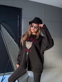 Fermuarlı Leopar Baskılı Oversize Siyah Sweat thumbnail 1