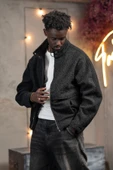 Oversize Crop Model Yan Cepli Astarlı Kırçıllı Mont thumbnail 8