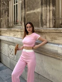Crop pantolon biyeli takım pembe thumbnail 3