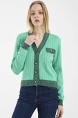 Kontrast Şeritli Triko Hırka - Yeşil thumbnail 4