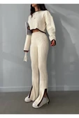 Asmil Milano Bej Kahve İntersiye Çizgili Yırtmaçlı Örgü Crop-Pantolon Kadın Triko Alt-Üst Takım 2026 thumbnail 2