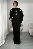 NEWCO Siyah Fitilli Maxi Triko Elbise & Penguen Desenli Oversize Triko Kazak İkili Set - Siyah thumbnail 5