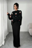 NEWCO Siyah Fitilli Maxi Triko Elbise & Penguen Desenli Oversize Triko Kazak İkili Set - Siyah thumbnail 3