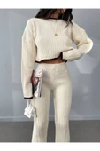 Asmil Milano Bej Kahve İntersiye Çizgili Yırtmaçlı Örgü Crop-Pantolon Kadın Triko Alt-Üst Takım 2026 thumbnail 1