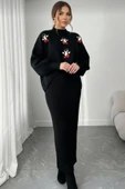 NEWCO Siyah Fitilli Maxi Triko Elbise & Penguen Desenli Oversize Triko Kazak İkili Set - Siyah thumbnail 1