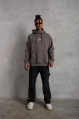 Erkek Maske Baskılı Kapüşonlu Sweat - Gri thumbnail 4