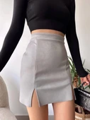 Çift yurtmaçlı süet etek gri thumbnail 1