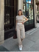 Crop pantolon biyeli takım bej thumbnail 7
