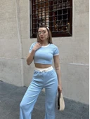 Crop pantolon biyeli takım mavi thumbnail 3