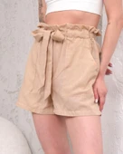 Kuşaklı keten şort bej s255265 thumbnail 4