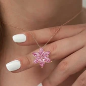 Gümüş Rose Pembe Lotus Çiçeği Kolye thumbnail 3