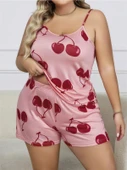 Arias Closet Büyük Beden Pembe Kiraz Desen İnce Askılı Pamuklu Şortlu Pijama Takımı thumbnail 1