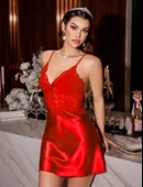Arias Closet Kırmızı Dantel İşlemeli İnce Askılı Sırt Dekolteli Saten Mini Gecelik thumbnail 1