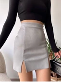 Çift yurtmaçlı süet etek gri thumbnail 1