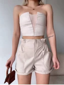 Tüllü deri crop bej w24615 thumbnail 2