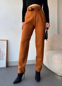 Kendinden kemerli triko pantolon camel thumbnail 4
