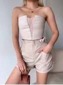 Tüllü deri crop bej w24615 thumbnail 3