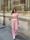 Crop pantolon biyeli takım pembe thumbnail 1