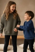 2'Li Basic Şardonlu Çocuk Sweatshirt Haki - Lacivert thumbnail 5