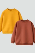 2'Li Basic Şardonlu Çocuk Sweatshirt Hardal - Kahverengi thumbnail 8