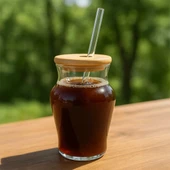 Chubby Borosilikat Cam Bardak 500 ml - Bambu Kapaklı thumbnail 4