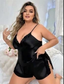 Arias Closet Büyük Beden Siyah Yırtmaç Dantel İşlemeli Saten Şortlu Takım thumbnail 2