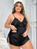 Arias Closet Büyük Beden Siyah Yırtmaç Dantel İşlemeli Saten Şortlu Takım thumbnail 1