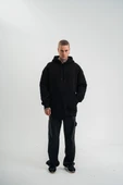 Double Oversize Kapşonlu Nakışlı SweatShirt - Siyah thumbnail 5