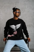 Erkek Güvercin Baskılı Sweatshirt - Siyah thumbnail 3