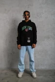 Erkek Baskılı Kapüşonlu Sweatshirt - Siyah thumbnail 2