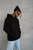 Erkek Düz Kapüşonlu Sweat - Siyah thumbnail 3