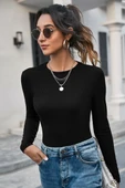 Kadın Siyah Uzun Kollu Fit Basic Crop Top Bluz thumbnail 1