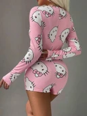 Arias Closet Pamuklu Pembe Hello Kitty Desenli Düğmeli Uzun Kol Tulum Pijama thumbnail 3