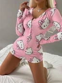 Arias Closet Pamuklu Pembe Hello Kitty Desenli Düğmeli Uzun Kol Tulum Pijama thumbnail 1