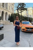 Lacivert Askılı Yırtmaçlı Elbise thumbnail 4