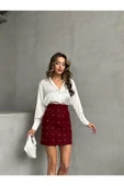 Bordo Süet Kaşe Taşlı Mini Etek thumbnail 8