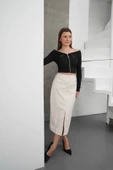 Yırtmaçlı uzun deri etek krem thumbnail 7