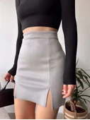 Çift yurtmaçlı süet etek gri thumbnail 5
