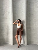 Volanlı keten şort kahve s255058 thumbnail 4