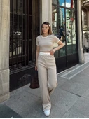 Crop pantolon biyeli takım bej thumbnail 3