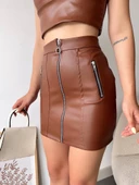 Üç fermuarlı deri etek kahve thumbnail 3