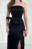 Siyah Straplez Saten Elbise thumbnail 2